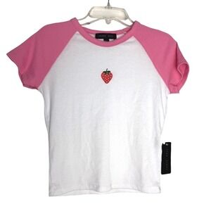 NWT Y2K Kid Core Faded Rose Strawberry Embroidered Raglan Sleeve Crop Top Medium